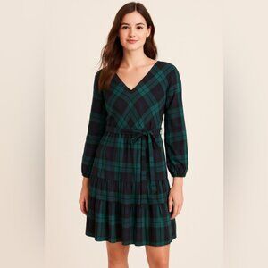 J.Crew Green & Navy Plaid Long Sleeve V-Neck Dress Women’s Size 6